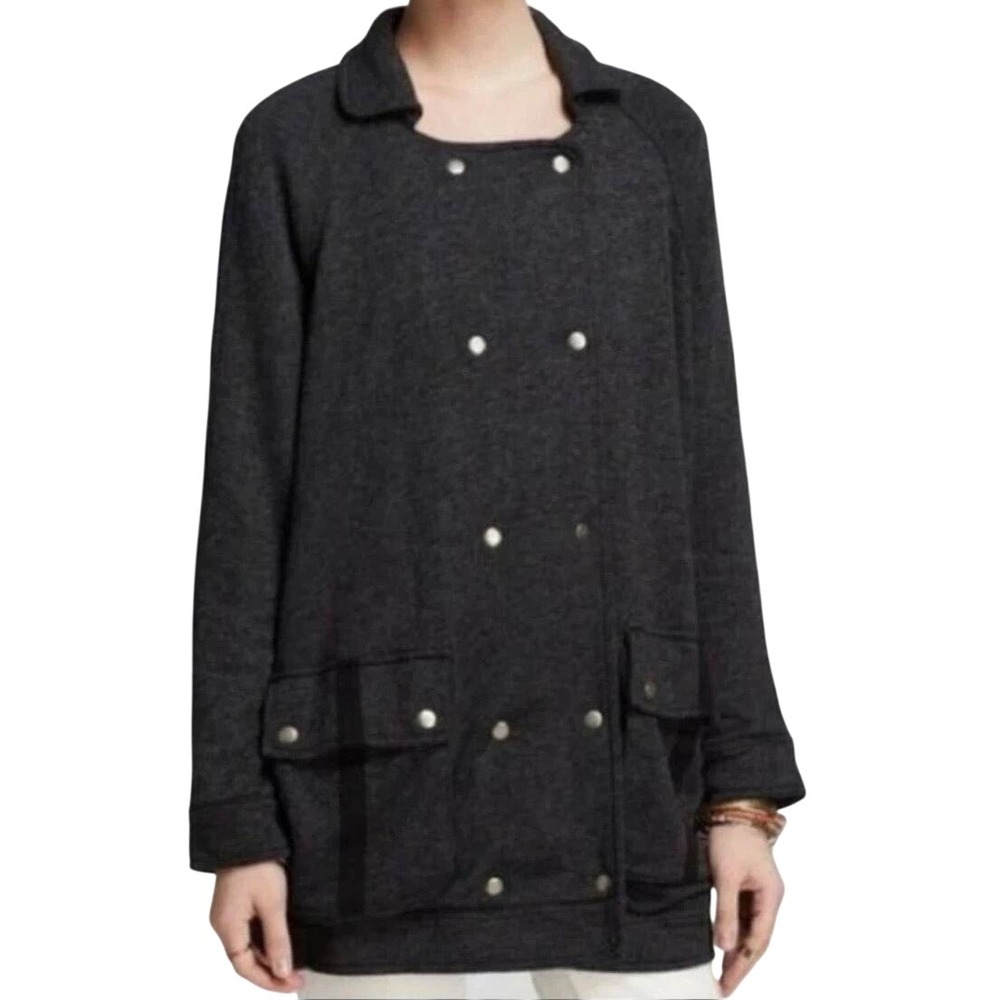 Free People Women's XS Gray Double Breasted Knit Jacket Linen Blend Cargo Pocket